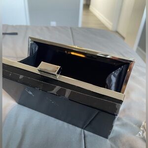 Black Box Clutch with Silver Accents and Removable Silver Chain Strap